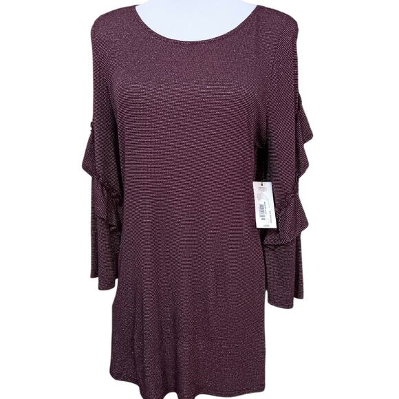NEW ANA Stretchy Tunic Top Blouse Large Dark Purple Sparkle Ruffle Dressy Career - Picture 2 of 9